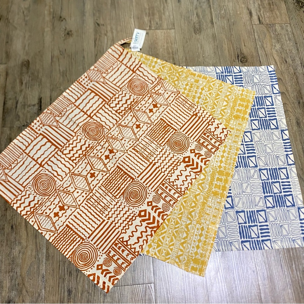 Set of 3 SERRV Geometric Block Print Cotton Kitchen Linen Towel NWT